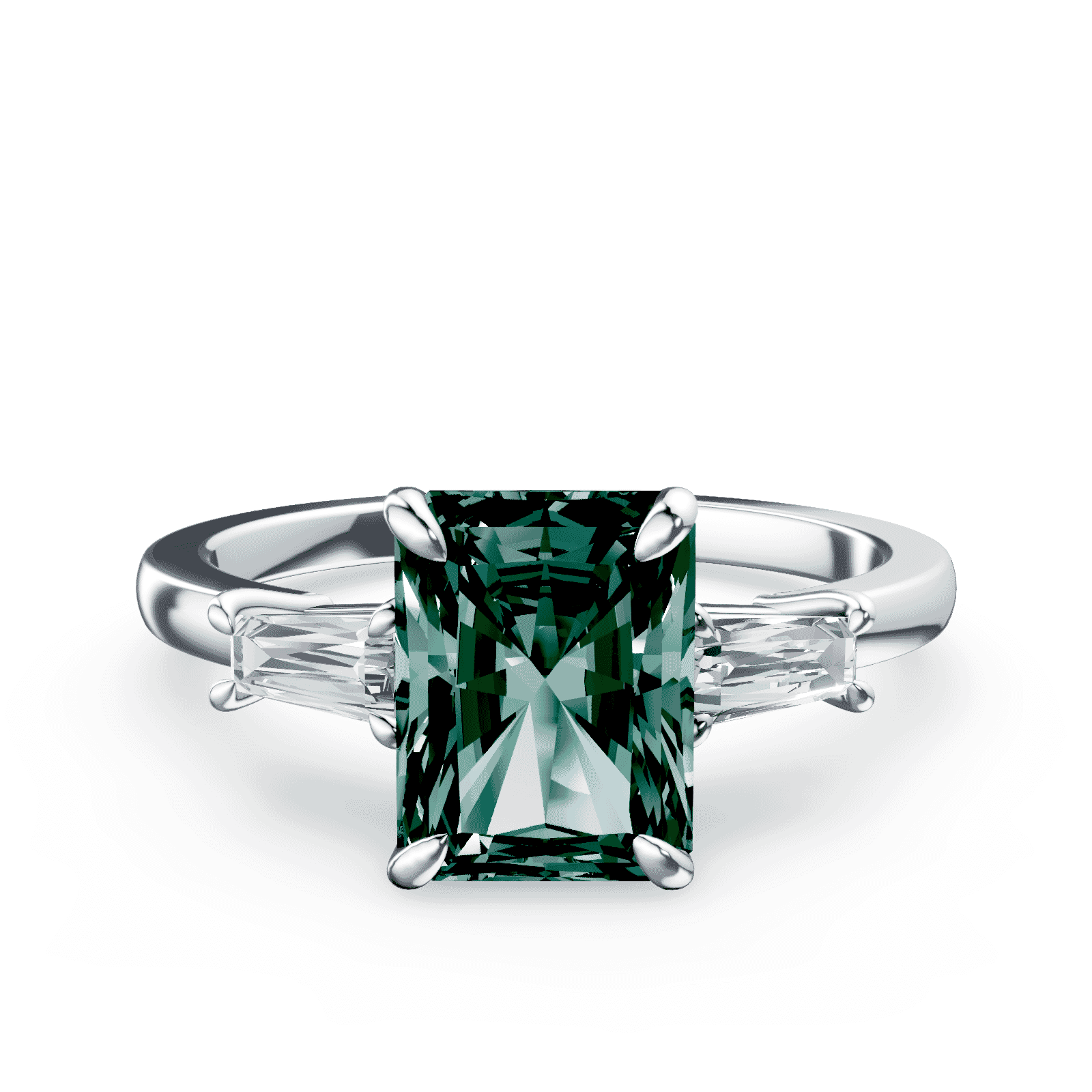 Radiant Cut Three Stone Green Diamond Ring | Plum Diamonds