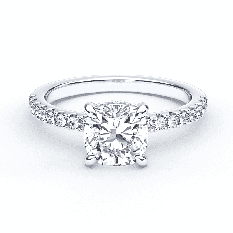 Low Hidden Halo Pave White Gold Cushion Cut Ring Plum