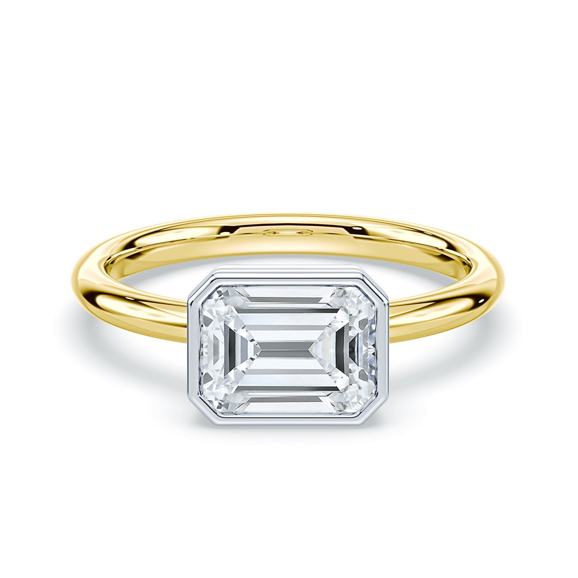 Emerald Cut East-West Bezel Ring Platinum and Yellow Gold – Plum