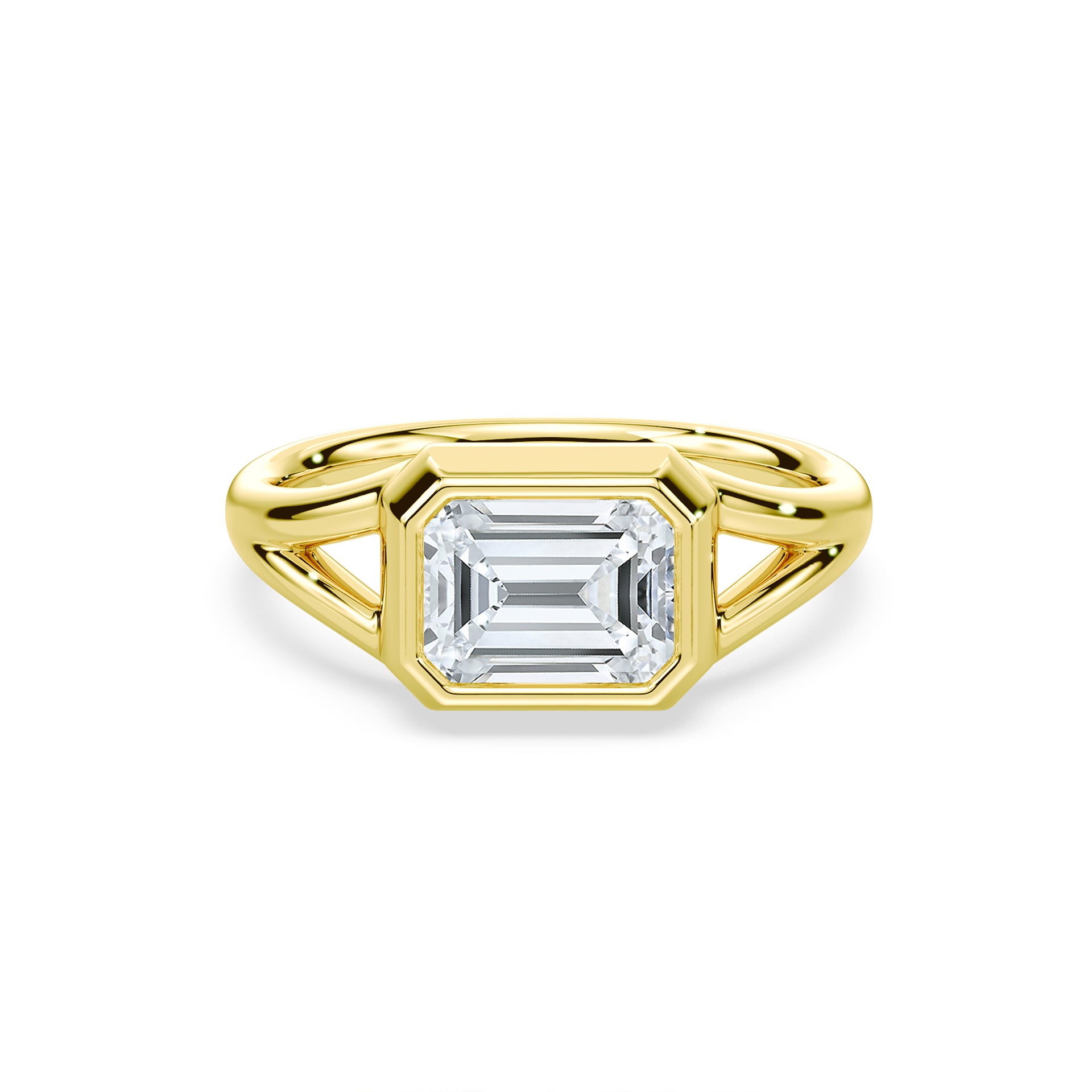 Emerald Cut 2.75ct East-West Split Shank Bezel Ring