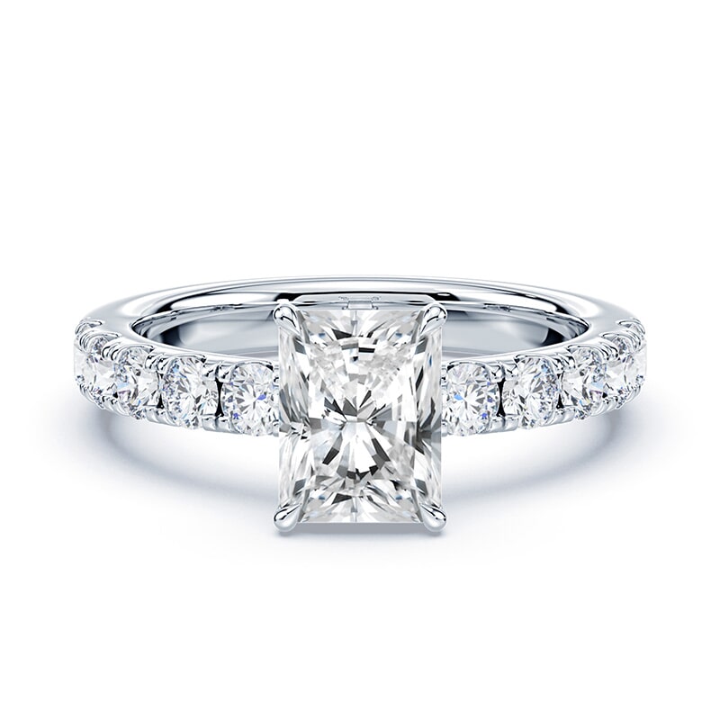Radiant Cut Classic Diamond Ring Low Profile Wide Pave White Gold – Plum
